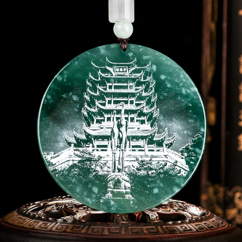 natural Jadeite Yellow Crane Tower landscape painting jade Pendant blue water kind of jadeite Chinese style UNISEX C131