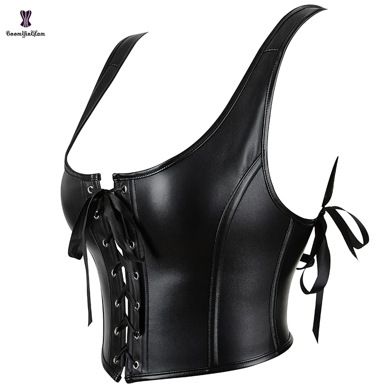 Shoulder Strap Summer Fashion Corsets And Bustiers Fitness Vest Tank Tops Women Faux Leather Corset Crop Top With T String