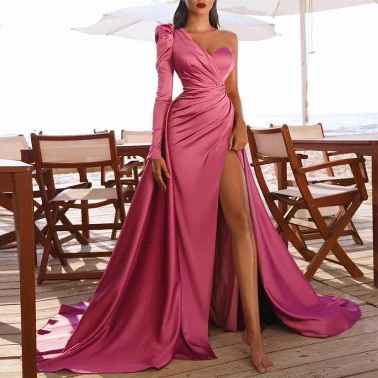 robe de soiree New Long Sleeve Satin Dress Long Slit One Shoulder Trailing Banquet Evening Dress