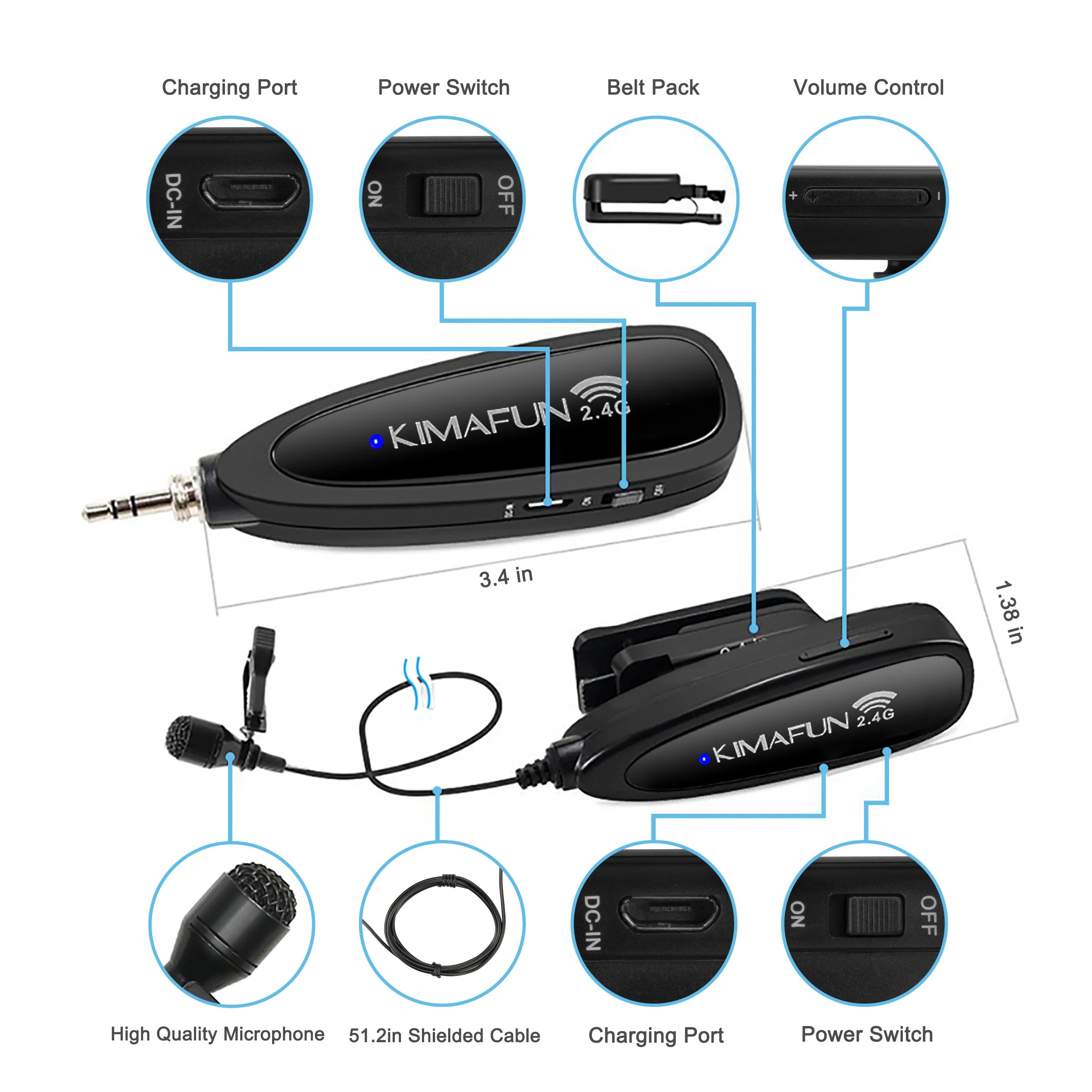 
KIMAFUN KM-G130-1 Wireless Collar Microphone 2.4G Auto Match transmitter and receiver microphone for on line lessons 