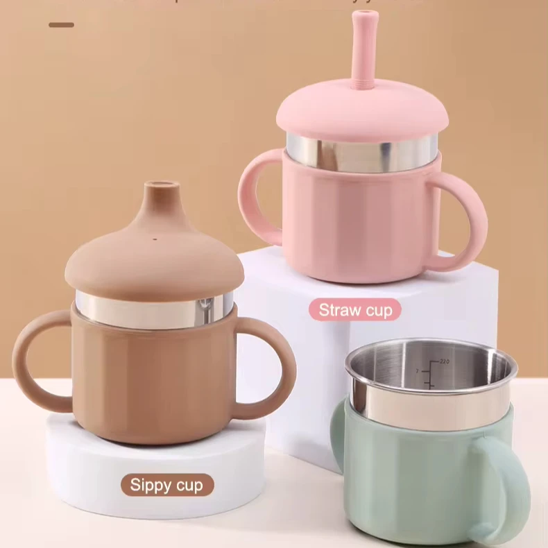 Custom Feeding Product Double Wall Sublimation Tumblers Silicone Water Drink Toddlers Straw Bottle Kid Sippy Baby Training Cup