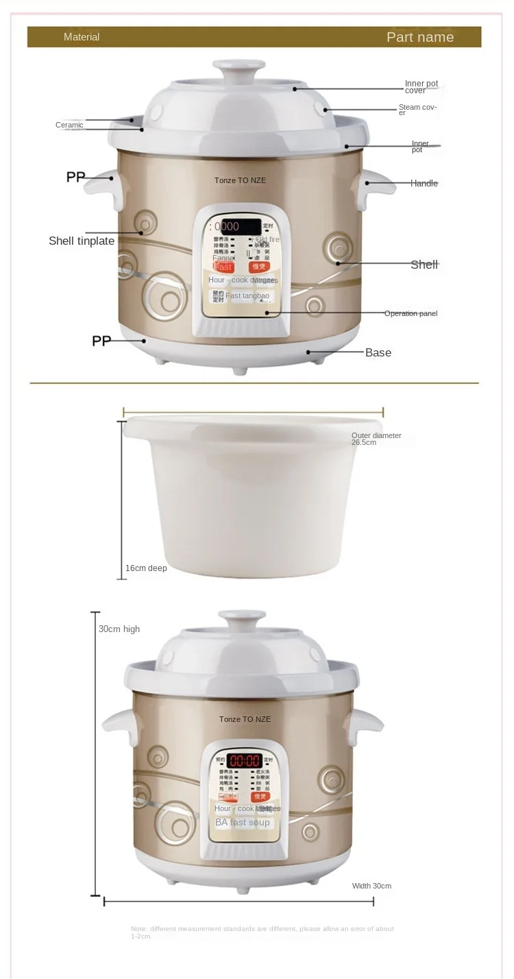 TONZE Small Kitchen Appliances Chinese Porcelain Liner Chicken Soup Customized Sausepan Slow Cooker