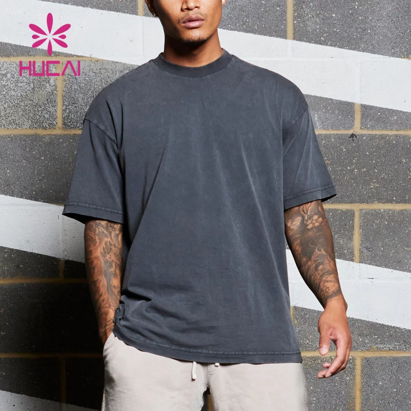 HUCAI Custom logo workout clothing sportswear heavyweight vintage cotton acid washed oversized running fitness gym shirts men