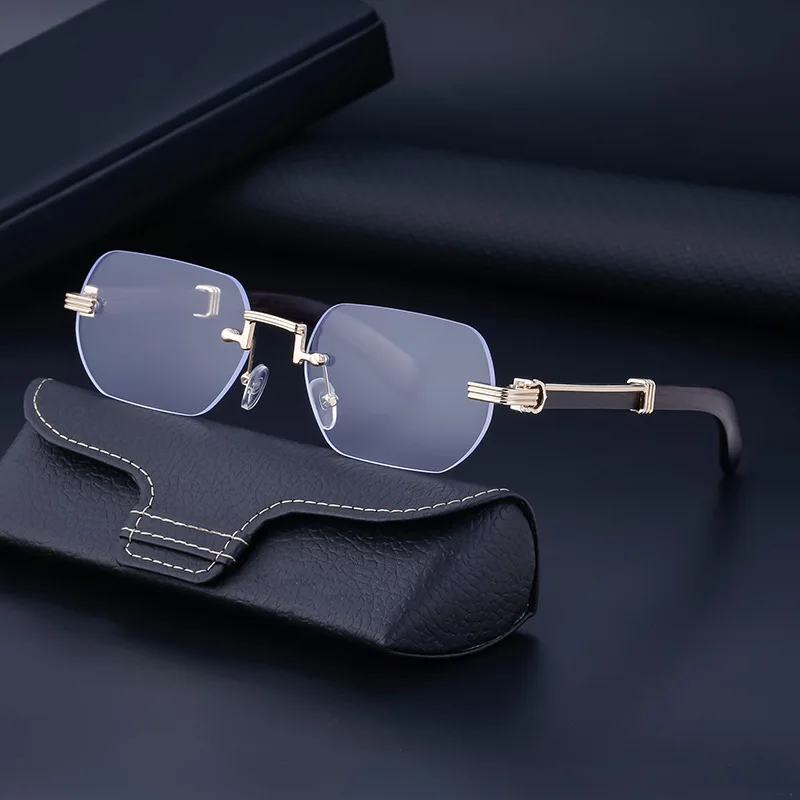 China Wholesale Small Square Shades Glasses man own brand Rimless Metal Diamond Cut Sunglasses Luxury Wood Sunglasses