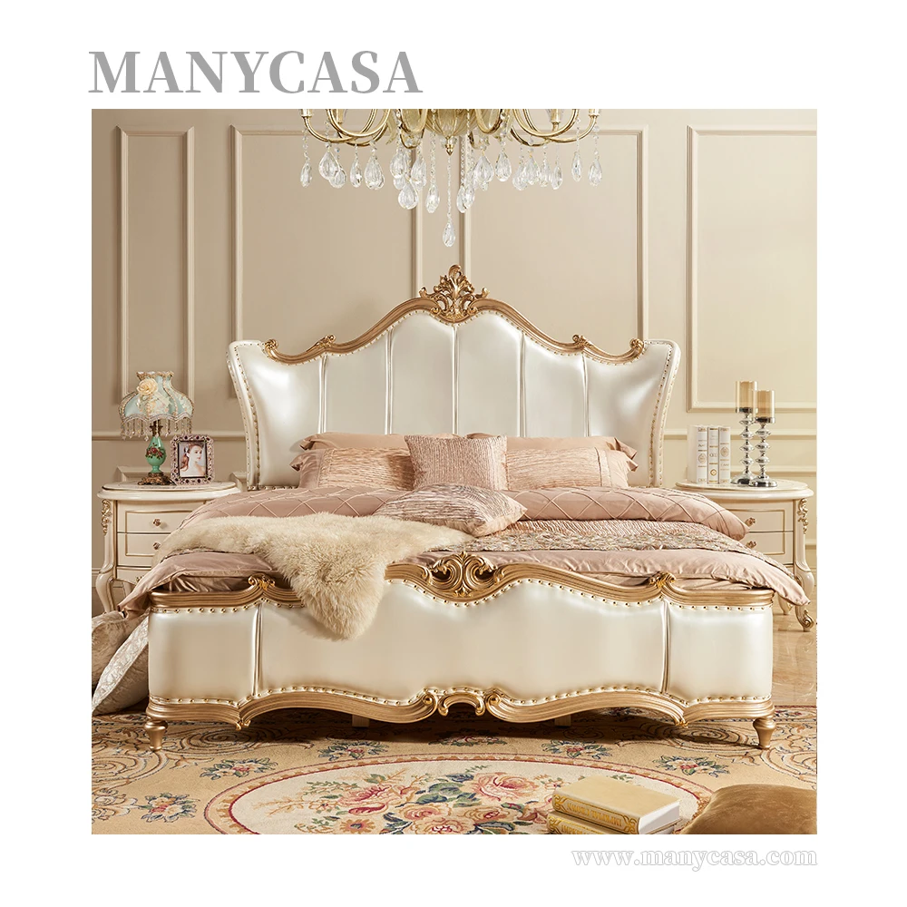 Rococo French Royal King Size Double Bed Luxury Wedding Wooden Carved Bed Frame Leather Beds Bedroom Furniture Sets