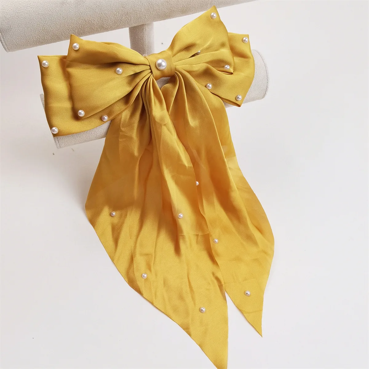 New Fashion Large Bowknot Pearl Hair Clip Trendy Fabric Bow Ribbon Spring Clip Women Hair Accessories Wholesale