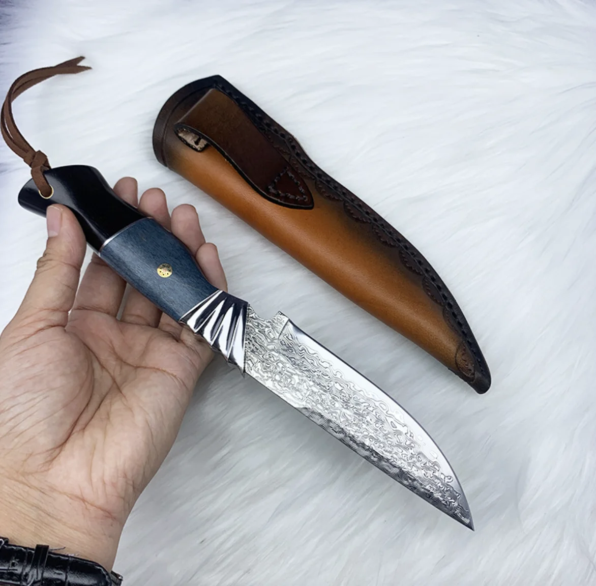 Handmade Forged Damascus Steel Hunting Knife Fixed Blade Knife With Leather Sheath For Outdoor Survival Camping Tactical Pocket