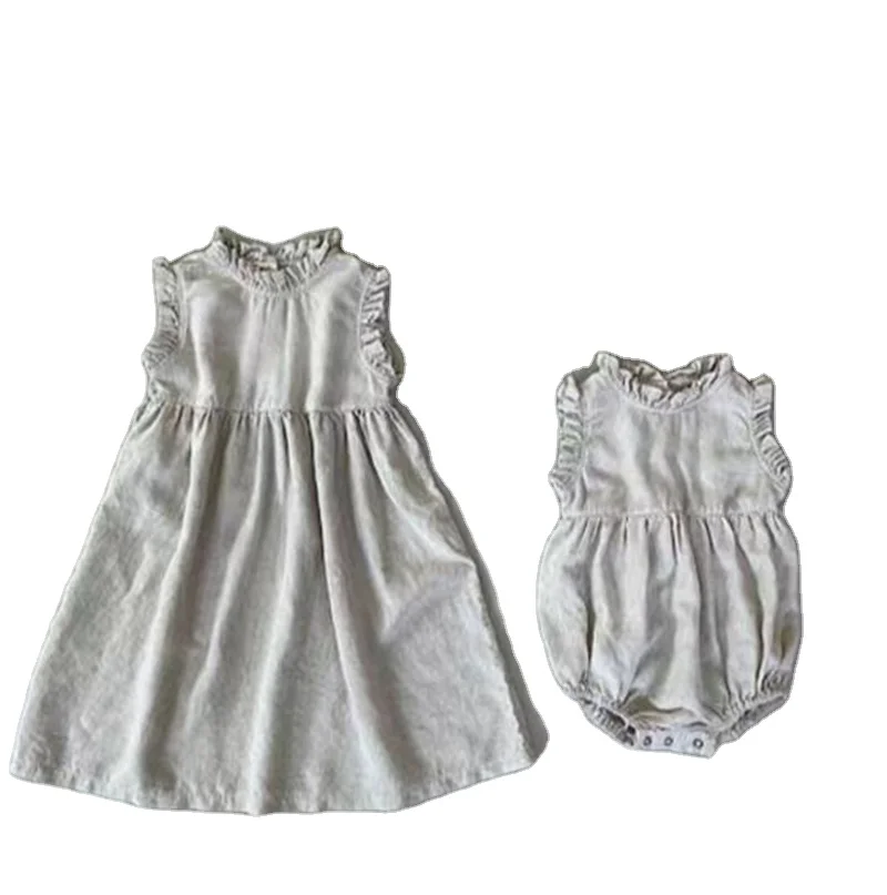 DBFS Korean Australia INS Kids Girls Organic Cotton Dresses Summer Ruffles Collar Linen Cotton Dress for Children Girls