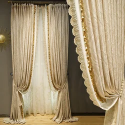 European-style high-end light brown flannel curtains beige embroidered villa shading custom curtains
