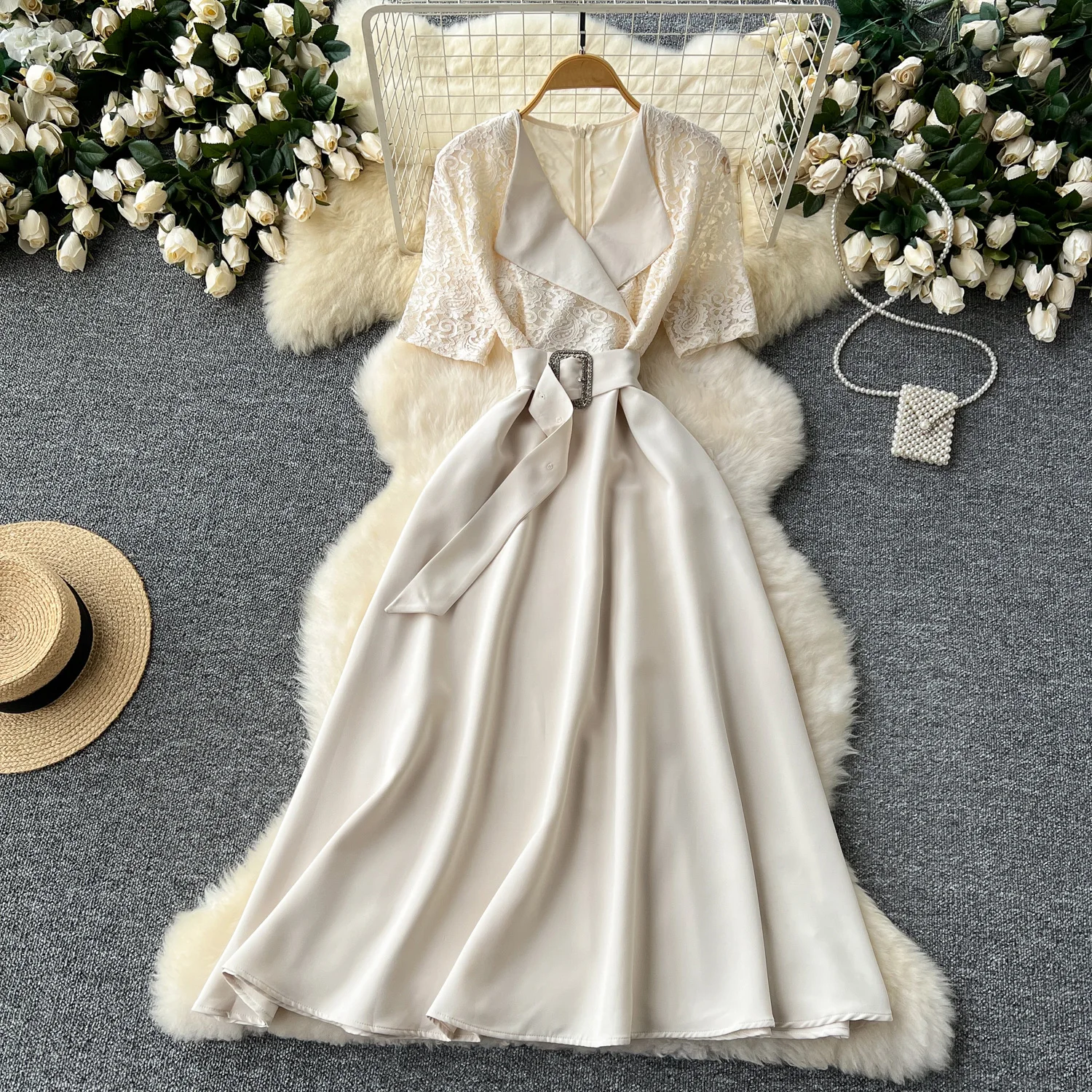Customized lace patchwork dress flip collar short sleeved fashionable summer long dress