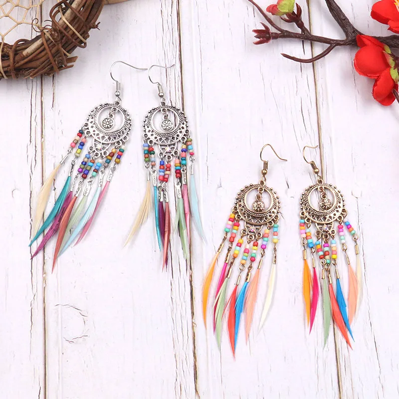 VRIUA Ethnic Bohemian Boho Long Feather Indian Earrings For Women Brincos Bijoux Charm Gypsy Hippie Tribe Vintage Ladies Earring