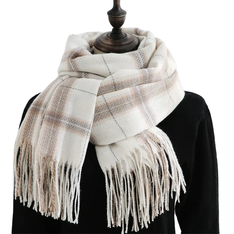 Winter scarf women 2022 checkered decorative women scarf new cashmere Japanese South Korea shawl warm woven fringe scarf