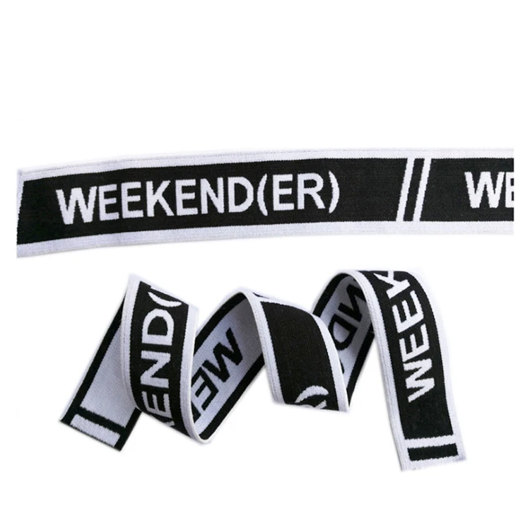Custom logo jacquard elastic band letter printed elastic webbing tape black and white striped waistband for garment accessories