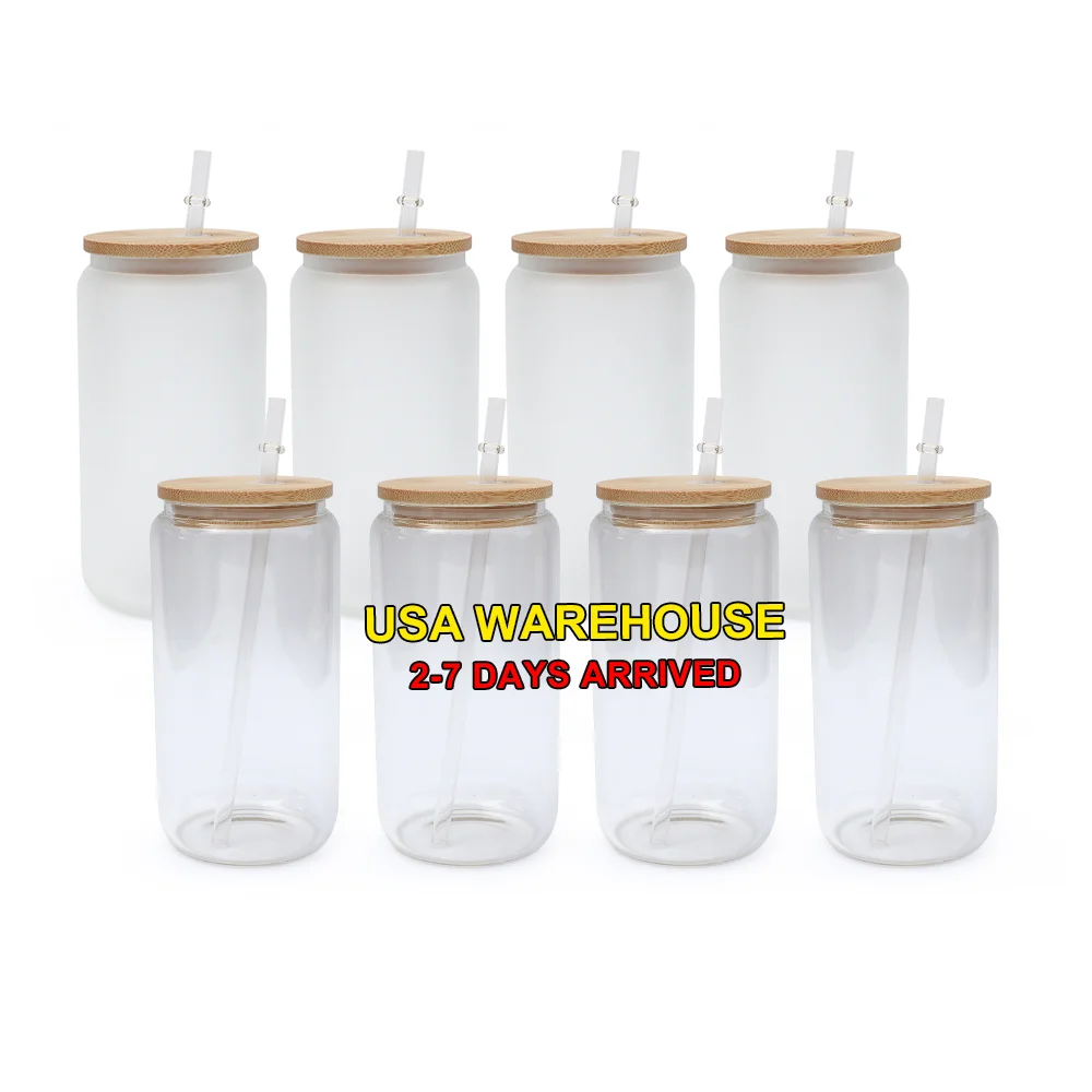 USA WAREHOUSE 16oz sublimation glass reusable ice clear single wall coffee glass cup with bamboo lid and plastic straw