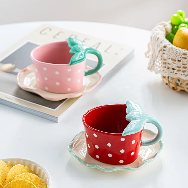 Korean afternoon tea cup cute coffee cup and saucer strawberry 3D hand painted mug