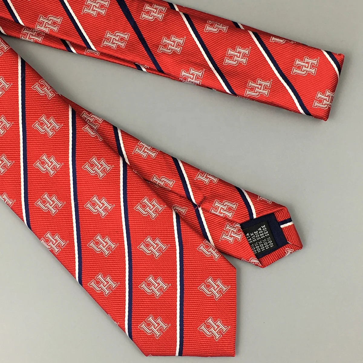 UH College University Wholesale Custom Necktie Red White Double Striped Slim Skinny Silk Woven Grosgrain Uniform School Tie