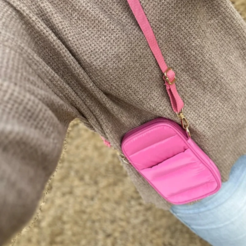 wholesaler custom adjustable strap mini shoulder pink black phone nylon puffer crossbody bag women