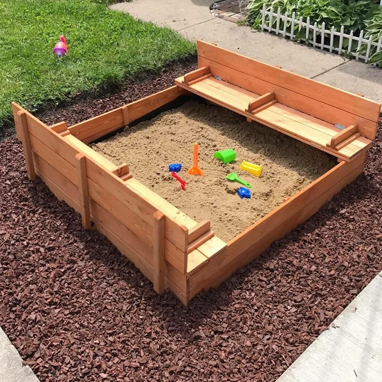 Outdoor Kids Playing Backyard Wooden Sandbox With Two Bench