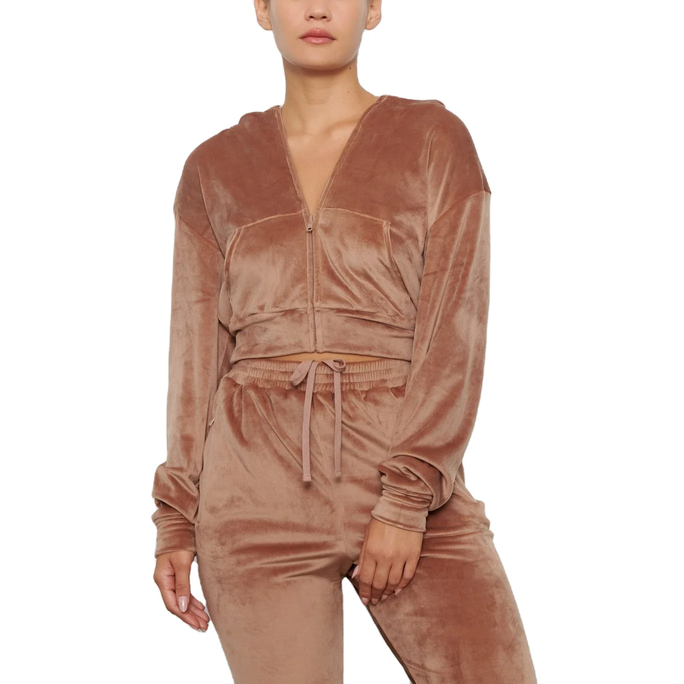 2022 Wholesale custom crop top long pants velvet sweat suits sweatsuit sets 2 piece velour tracksuit for women