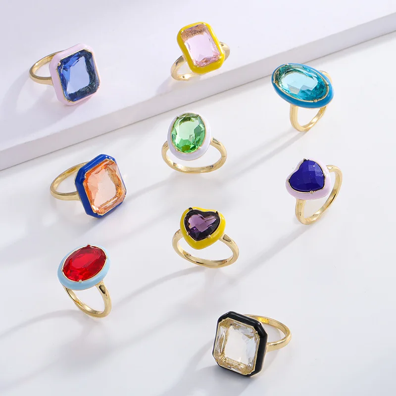 Hot Sale Fashion Retro Women Party Jewelry Geometric Colorful Zircon Heart Oil Drop Enamel Rings