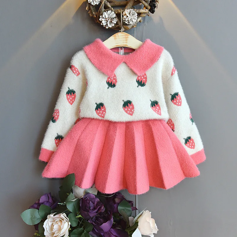rts 2020 autumn new style Korean girl knitted strawberry sweater + children short skirt two-piece clothing set