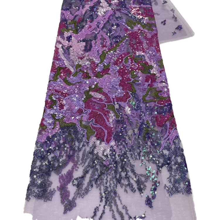 Best selling African Purple Lace Fabric Sequins Tulle Lace Embroidery for Wedding Bridesmaid Dress
