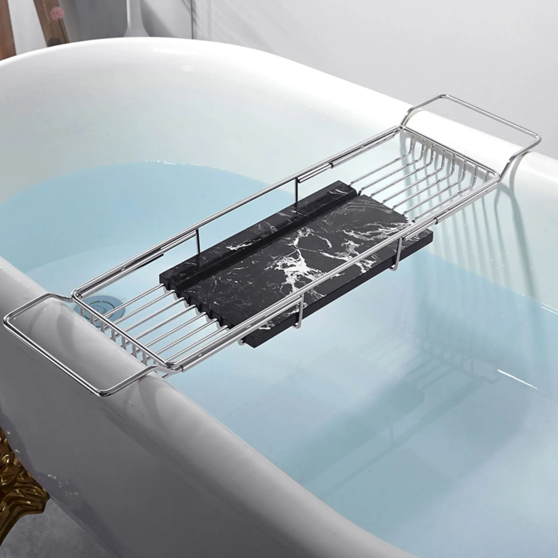 Stainless Steel Bathtub Caddy Tray Expandable Bath Organizer for Reading with Book Tub Shelf