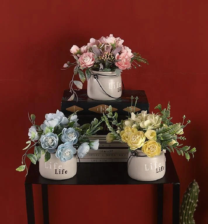 wholesale high quality silk flower pots artificial home house decoration ceramic flowerpot vase