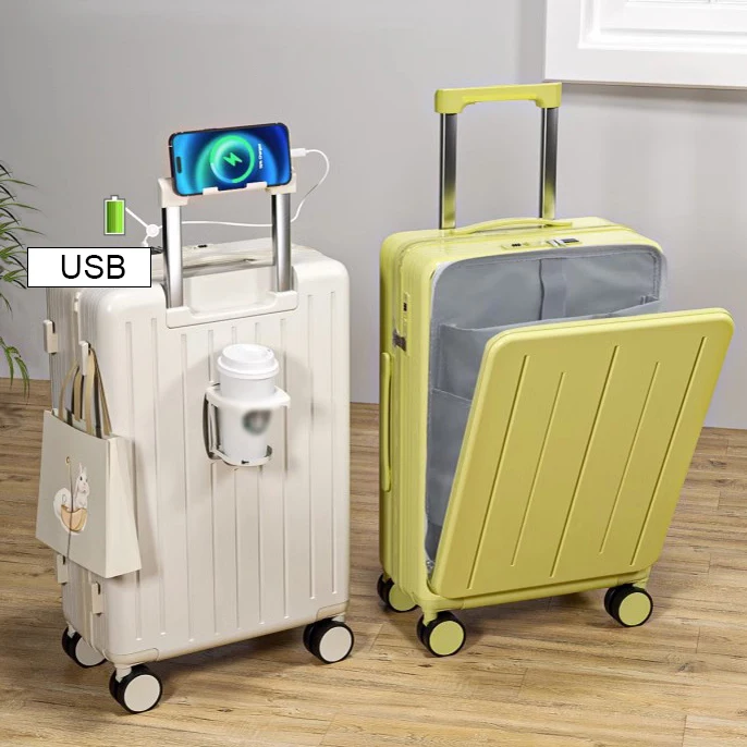 20232023 Hot Selling Hard Large Travel Suitcase with cup holder and USB charging Custom Front Open Luggage