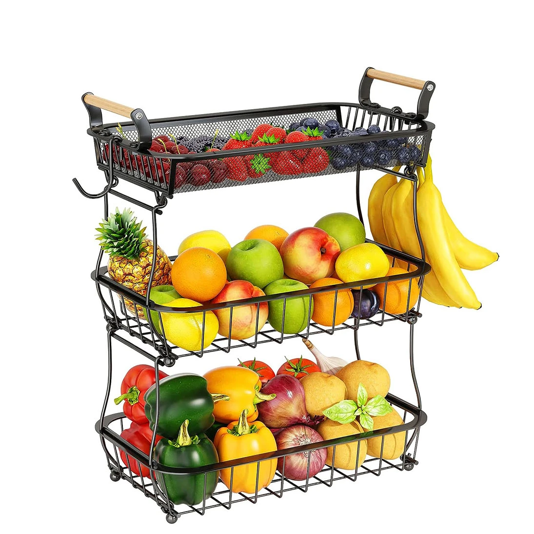 3 Tier Fruit Basket Bowl with 2 Banana Hangers for Kitchen Counter, Vegetable Countertop Produce Storage Holder