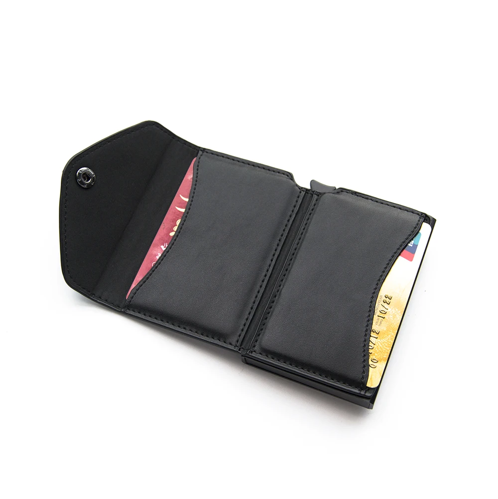 RFID Blocking Crazy Horse Leather  Button Pop Up Slim Aluminum Case Business Bank ID Credit Card Holder