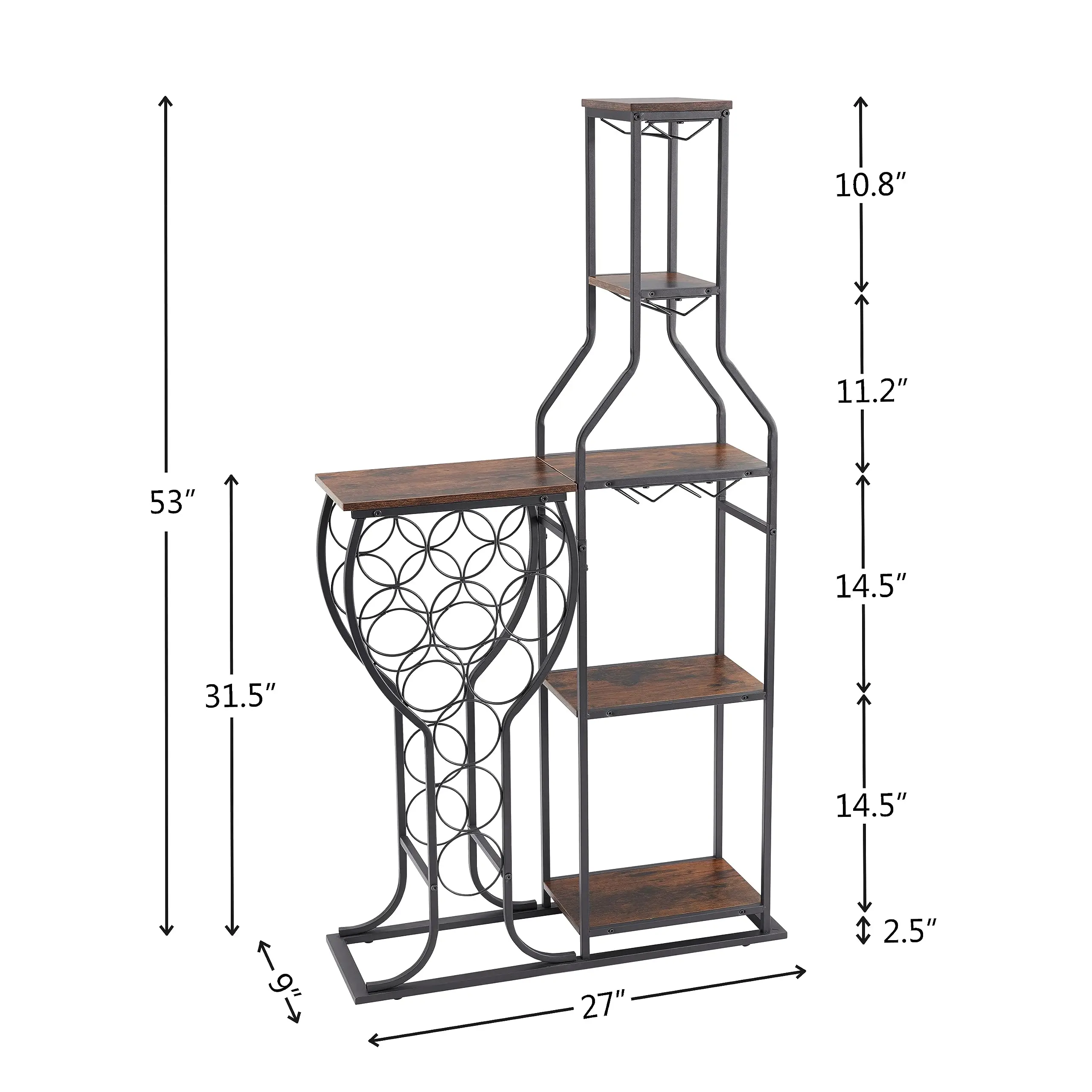 Home Bar Kitchen Dining Room 11-Bottles Wine Bakers Rack Hanging Glass Holder 5-Tier Freestanding Storage Shelves