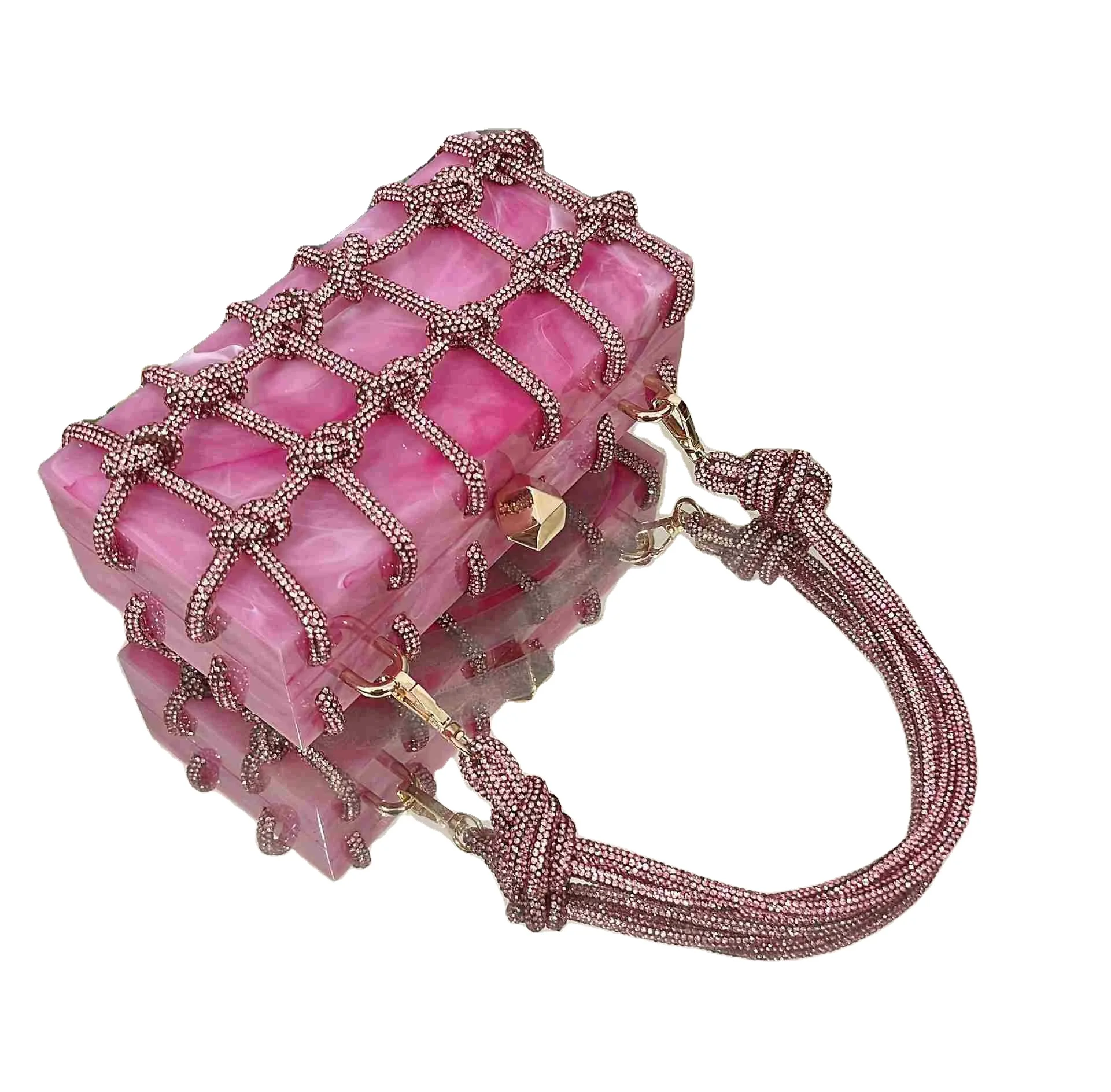 Fashion New Hot sale women colorful acrylic clutch bag with rhinestone strap box girls evening purse