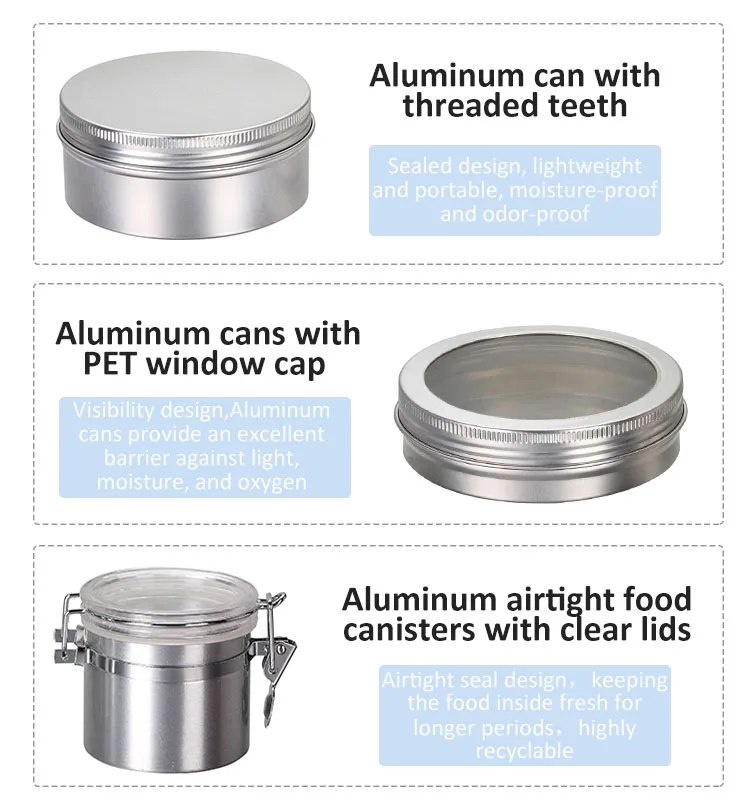 Customized Metal Cosmetic Food Tin 50ml 150ml 200ml 400ml 500ml 1000ml 2000ml Empty Aluminum Candy Cans 100ml Round Aluminum Jar