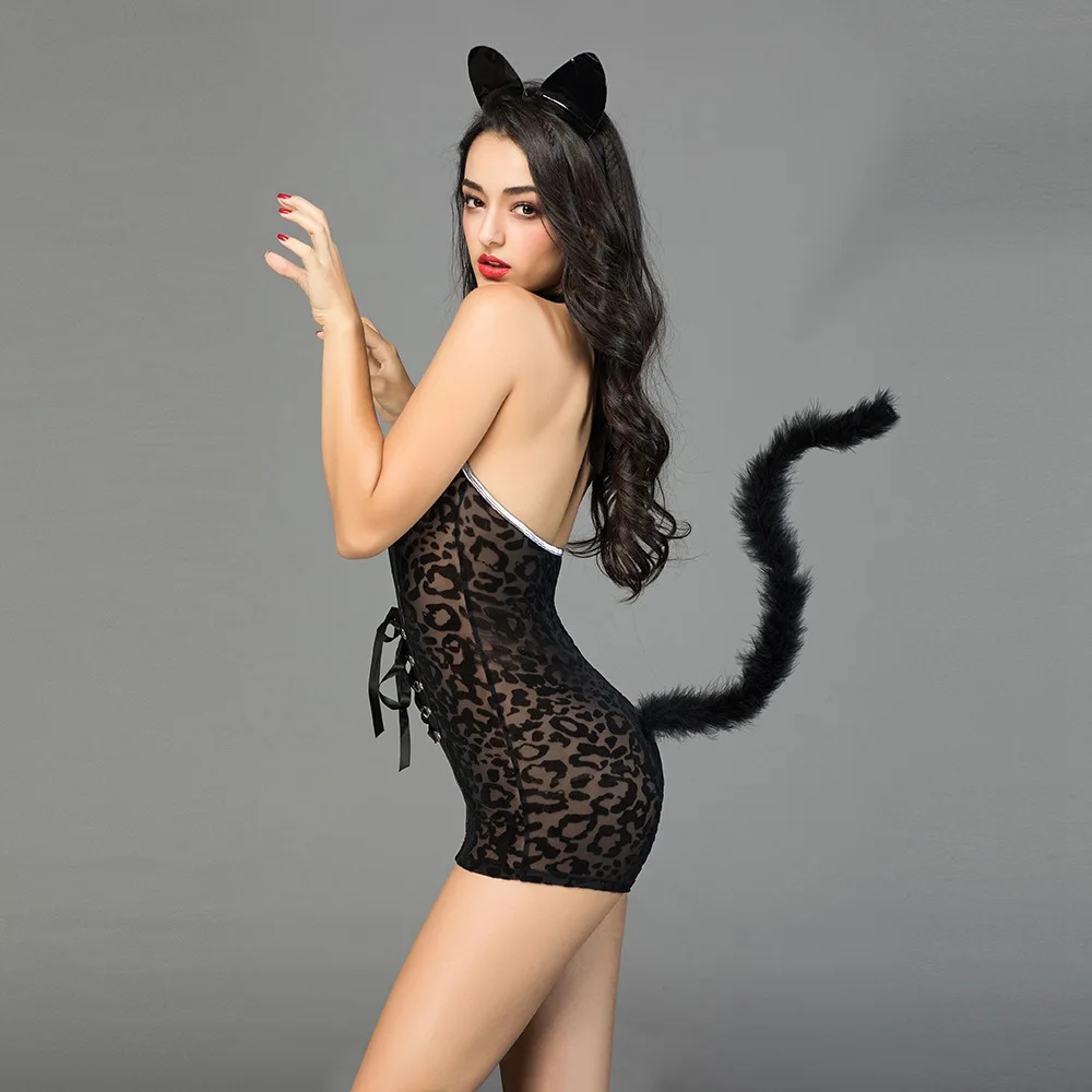 Sexy Lingerie Cosplay Cat Girl Carnival Party Black Erotic Kitty Bodysuit Catwoman Halloween Dress Costume for Adults