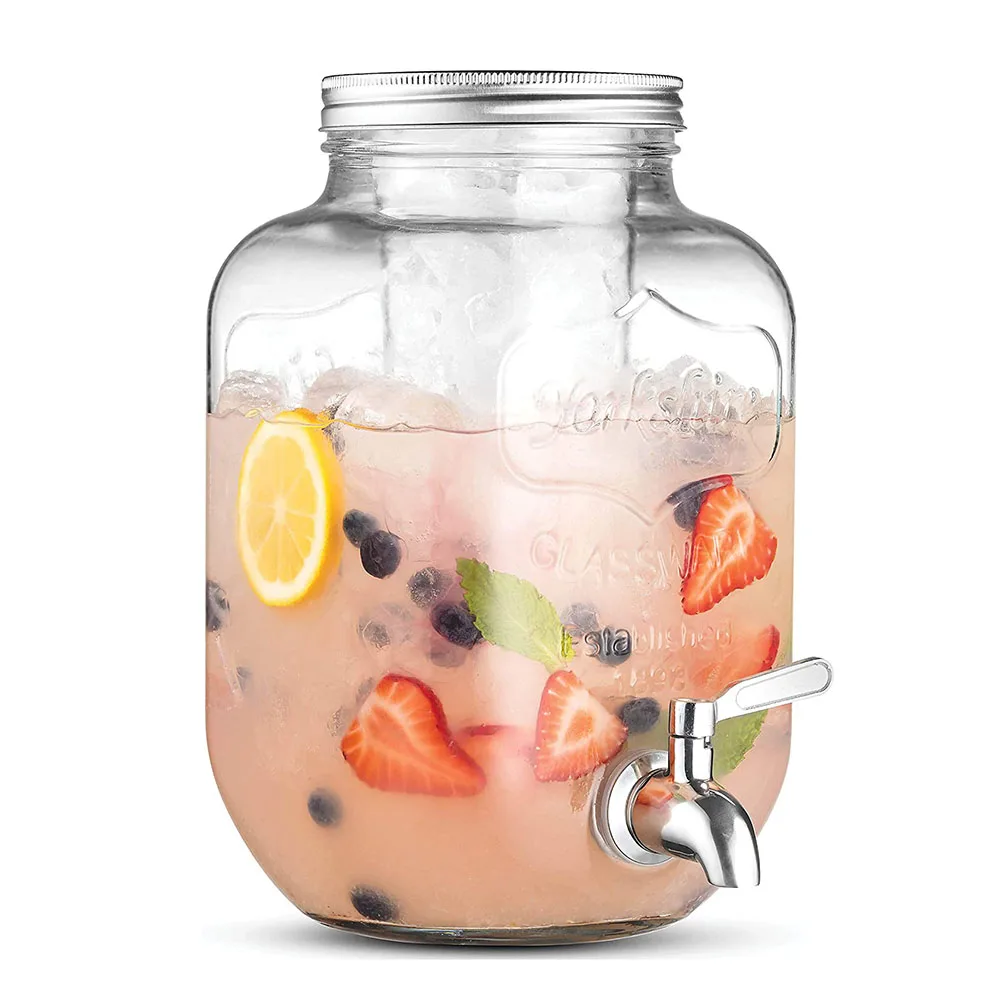1 Gallon Mason Jar Tower Glass Beverage Drink Dispenser with Stand 304 Stainless Steel Spigot Designed Lid