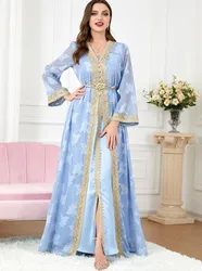 Dubai Luxury Abaya Eid Muslim Wome Gold Embroidery Modern Abaya Kimono Designs V-Neck 2 Pieces Set Elegant Maxi Dress