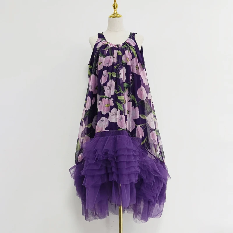 TWOTWINSTYLE Floral Printing Casual Clothing Dresses Sleeveless High Wast Patchwork Tierred Dresses Women