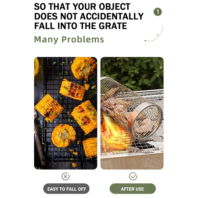 Stainless Steel Rolling Cooking Grill Grate, Outdoor Charcoal BBQ Grid, Round Grilling Basket with Removable Mesh Cover