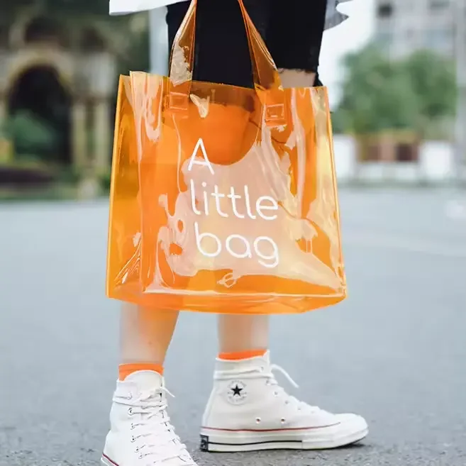 Custom Logo Plastic Large Clear Jelly Pink Orange A Little Neon Yellow PVC Gift Shopping Tote Bag