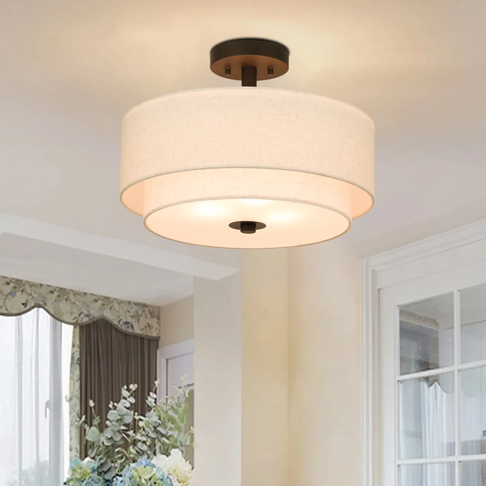 Modern 2 Tier Drum Fabric Lampshade Semi Flush Mount Ceiling Light Indoor Ceiling Lamp For Living Room