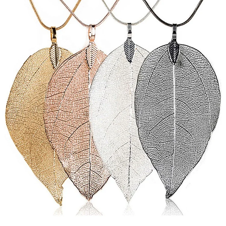 Fashion Natural Real Leaf Pendant Necklace Gold Plated  Snake Chain Leaf Shape Necklace