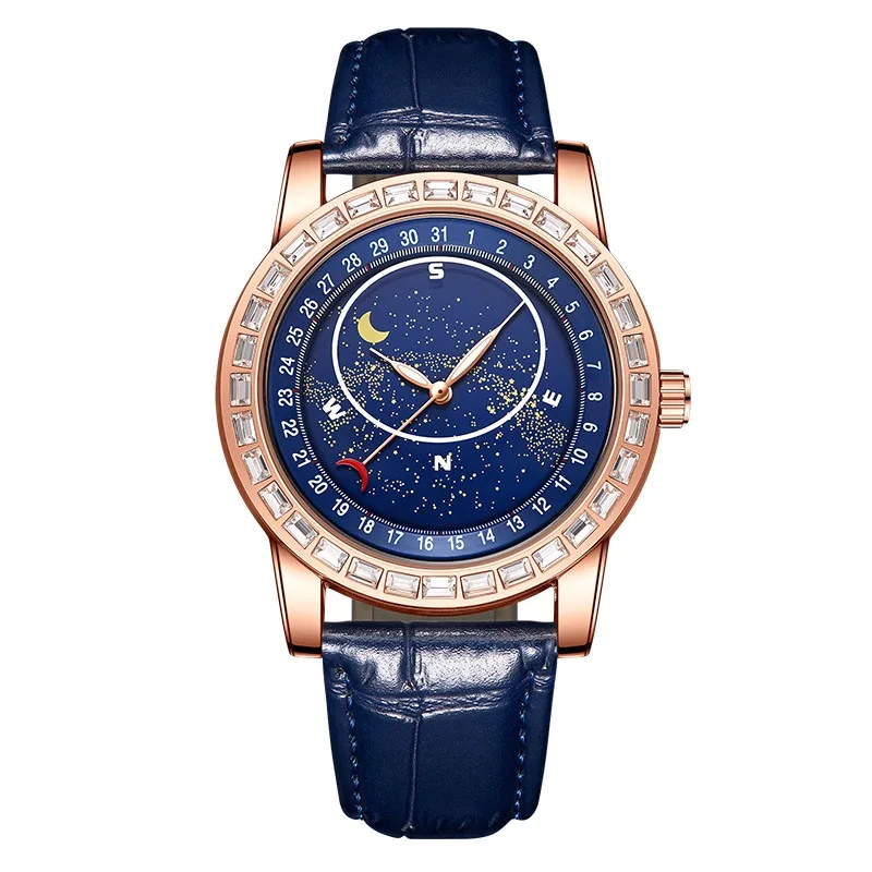 Fashionable Crystal Bezel Excel Watch Japan Quartz ATM Subdials Second Hand Working Star Dust No Mechanical Quartz Watch