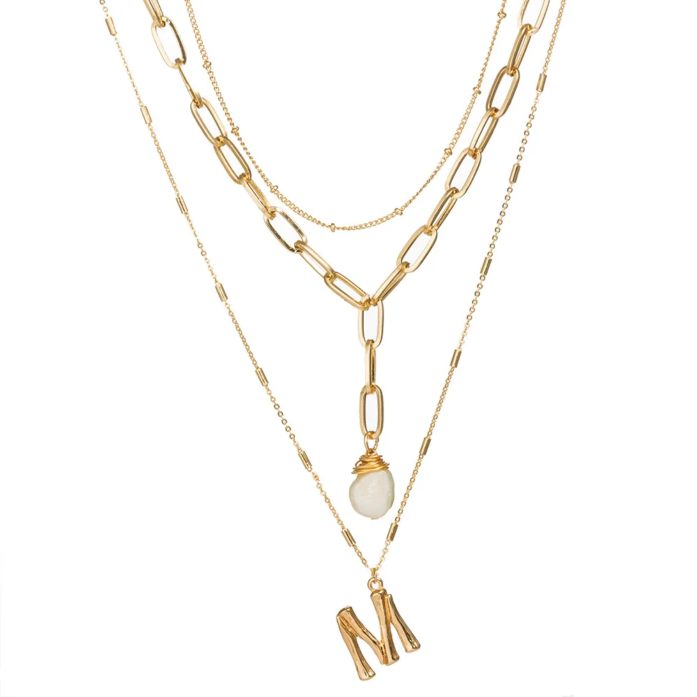 
Wholesale Popular multilayer shell necklace fashion sapphire head pearl letter pendant neck chain 