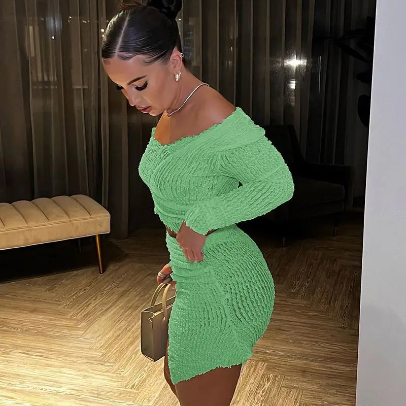 Charm Solid Color 2 Piece Set Off Shoulder Long Sleeve Women Crop Top Pleated Mini Skirts Set