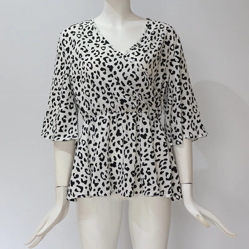 
TP830007 New Spring Summer Plus Size Leopard Chiffon Top Loose Casual Deep V Designer Flare Sleeve Tops Woman Sexy Ladies Shirts 