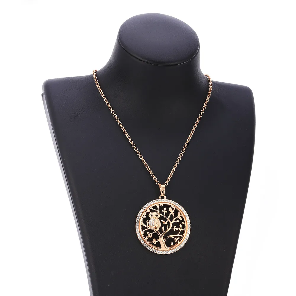 Factory Wholesale New Fashion Alloy Pendant Rhinestone Gold Rose Gold Tree Of Life Owl Necklace For Girls Gift
