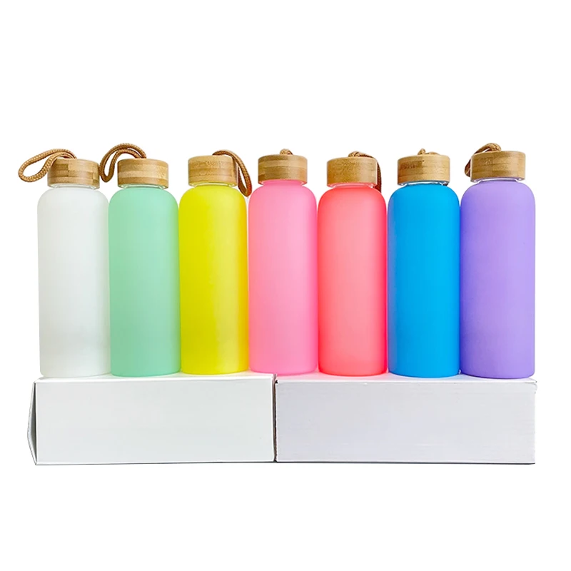 Sublimation Colored Frosted 20oz 750ml Glass Water Bottle With Bamboo Lid