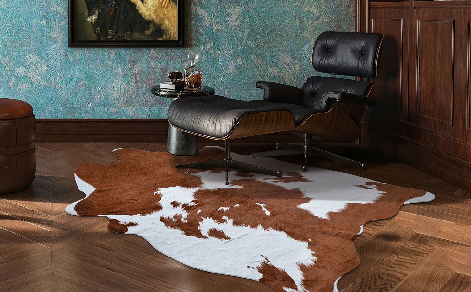 Лучшая цена индивидуальная форма искусственный мех животного коровья кожа золотой порошковый эффект коврик из воловьей кожи с