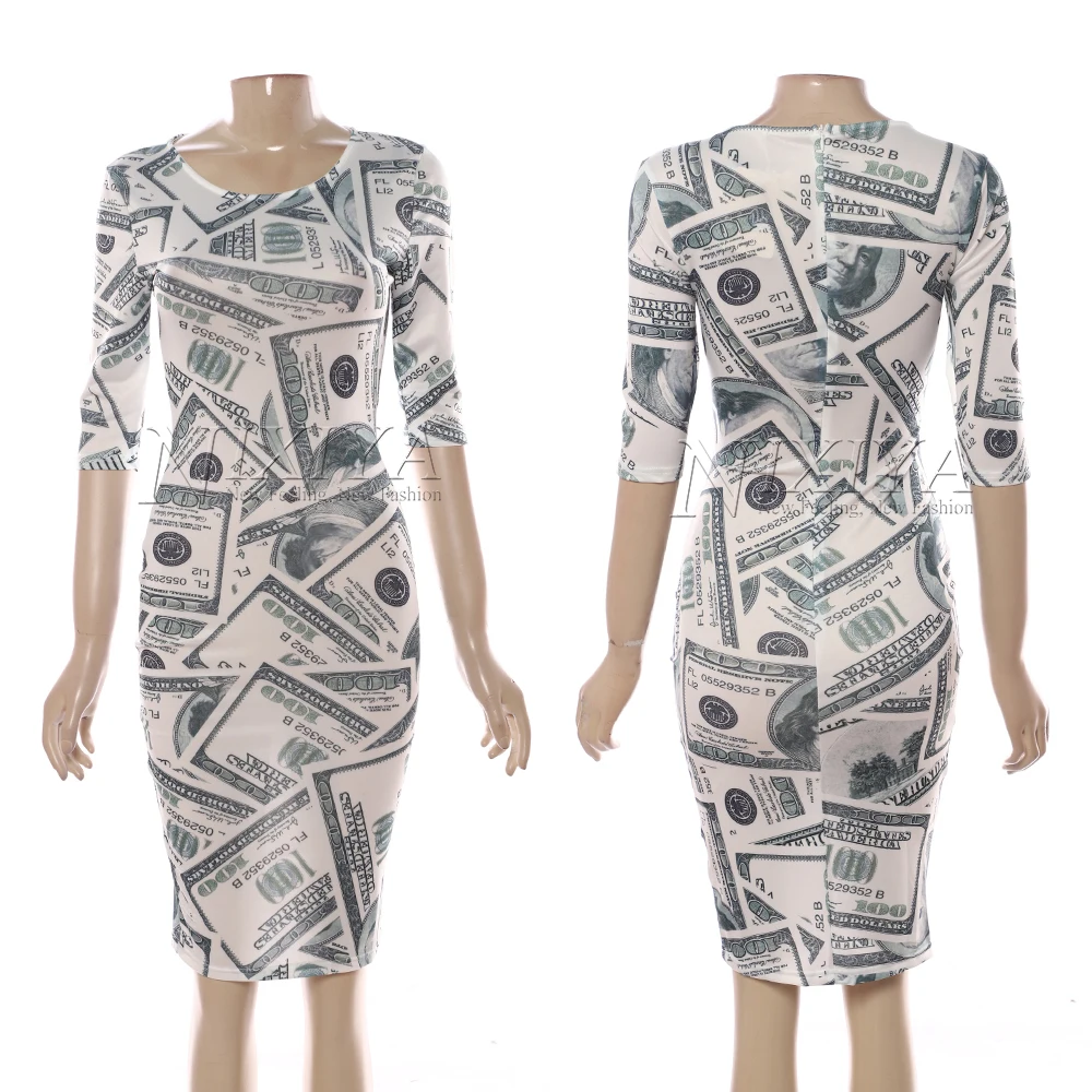 Best Seller Club Wear Round Neck Half Sleeves Dress Dollar Printing Bodycon Dress Women